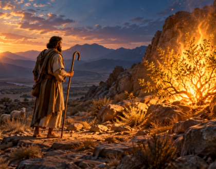 Moses standing in the wilderness before the burning bush, with sheep nearby and light breaking across the mountains.