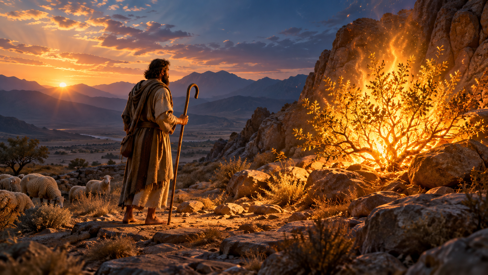 Moses standing in the wilderness before the burning bush, with sheep nearby and light breaking across the mountains.