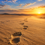 Footprints crossing desert sand toward a bright horizon